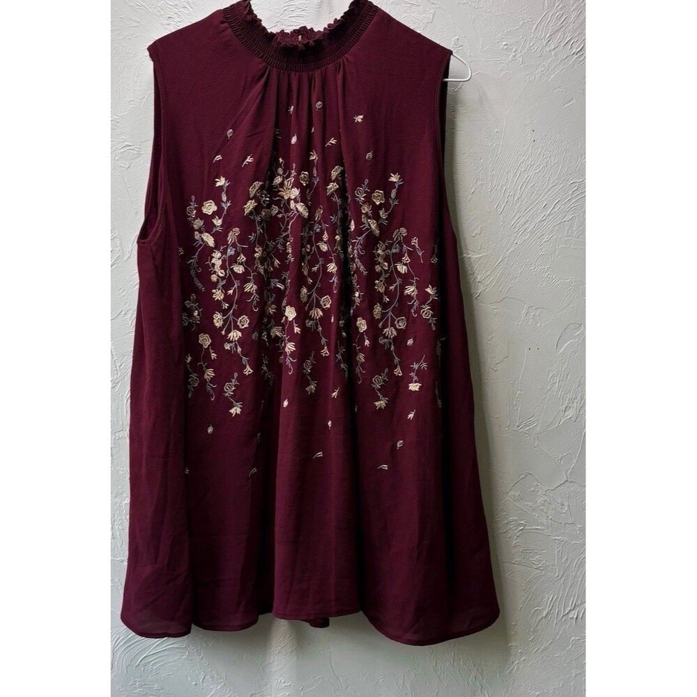 Stargirl Crow Women’s Blouse XL Burgundy Floral High Neck Ruffle Button Embro